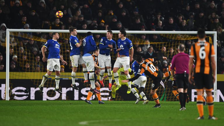 HULL, ENGLAND - DECEMBER 30: Robert Snodgrass of Hull City scores with a free kick for his team's second goal during the Premier League match between Hull 