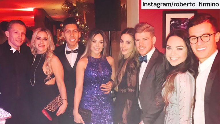 From left, Lucas Leiva, Roberto Firmino, Alberto Moreno, and Philippe Coutinho with their partners at the Liverpool Christmas party