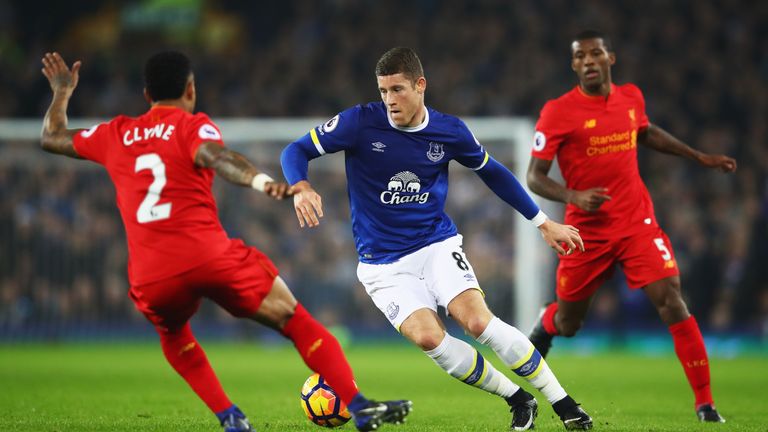 Ross Barkley looks to take the ball past Nathaniel Clyne