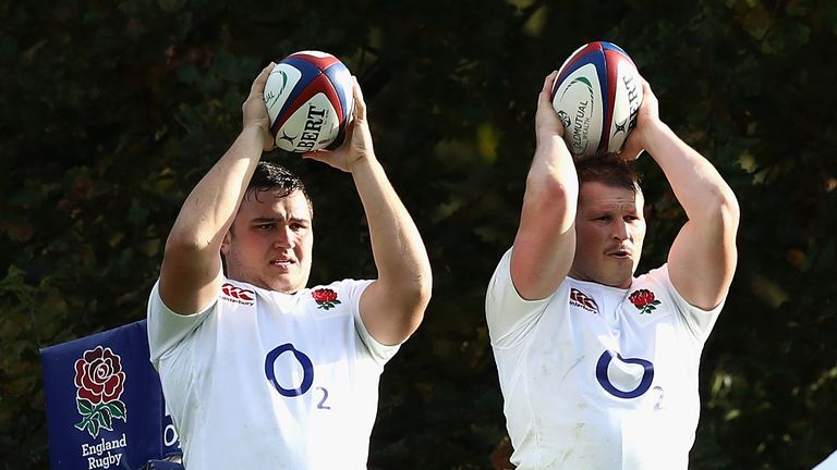 England hookers Jamie George (L) and Dylan Hartley practice their throwing during in training
