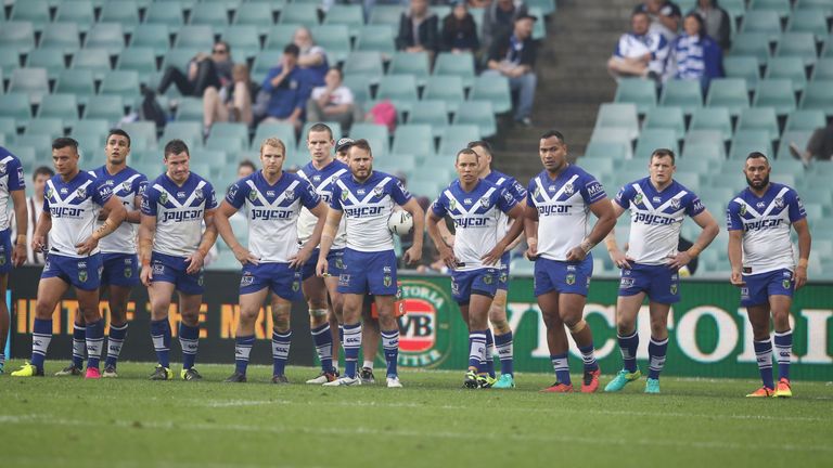 The Bulldogs look dejected after a try during the NRL Elimination Final loss to Penrith