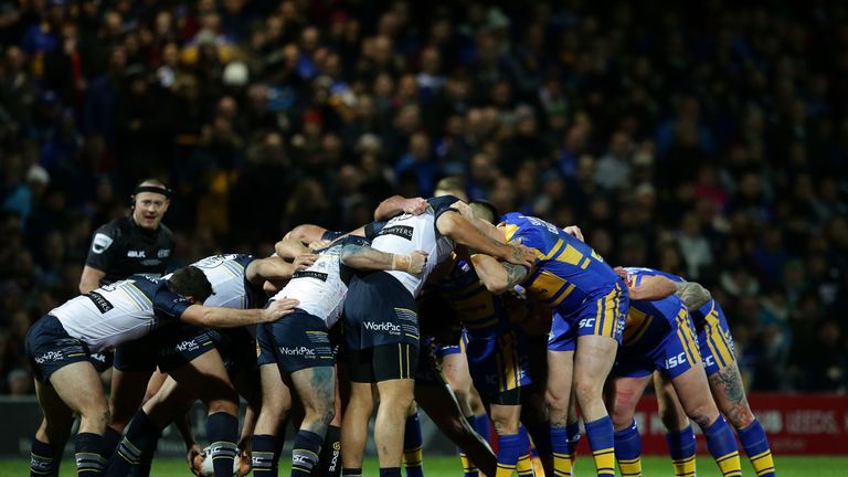 Leeds Rhinos and North Queensland Cowboys in a scrum during the 2016 World Club Series