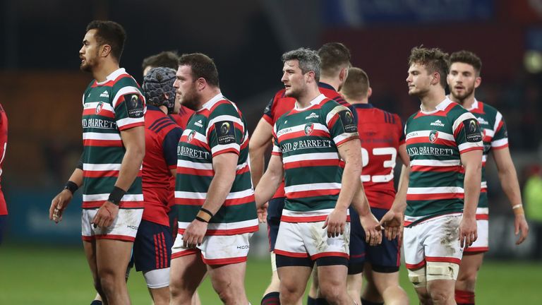 Leicester Tigers players walk off the pitch after their 38-0 defeat to Munster