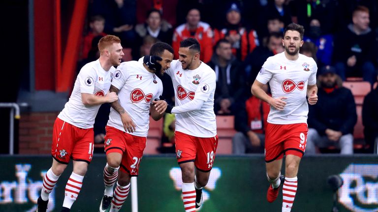 Southampton's Ryan Bertrand (centre) celebrates scoring his side's first goal of the game with his team-mates during the Premier League match