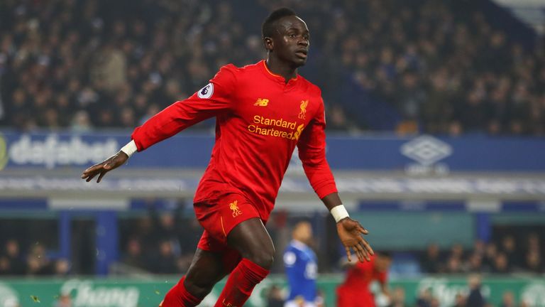 Sadio Mane celebrates his winner for Liverpool at Everton in the Premier League