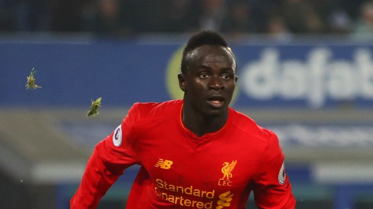 Sadio Mane of Liverpool celebrates as he scores their first goal during the Premier League match between Everton and Liverpool