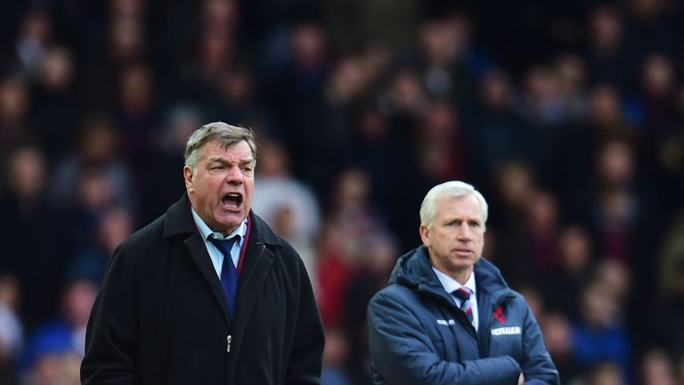 LONDON, ENGLAND - FEBRUARY 28:  Sam Allardyce manager West Ham United (L) and Alan Pardew manager of Crystal Palace look on from the touchline during the B