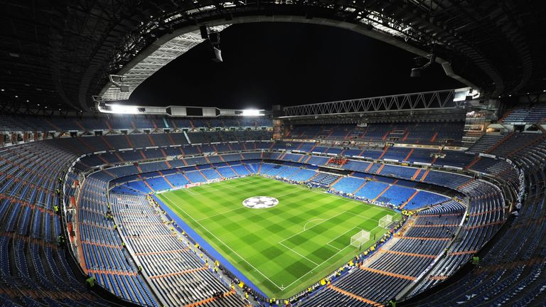 General view inside Santiago Bernabeu prior to the Champions League match between Real Madrid and Paris Saint-Germain