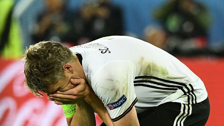 Germany's midfielder Bastian Schweinsteiger reacts after he misses a spot-kick during a penalty shoot-out in the Euro 2016 quarter-final