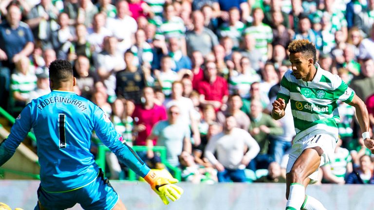 Scott Sinclair scores the third goal in Celtic's 5-1 victory over Rangers