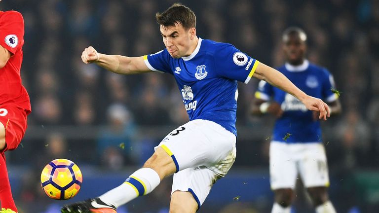 Everton full-back Seamus Coleman clearing the ball against Liverpool