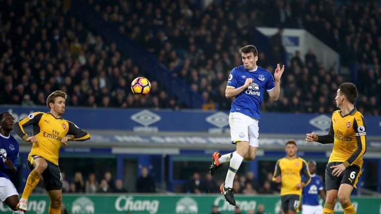 LIVERPOOL, ENGLAND - DECEMBER 13:  Seamus Coleman of Everton scores a goal to level the scores at 1-1 during the Premier League match between Everton and A
