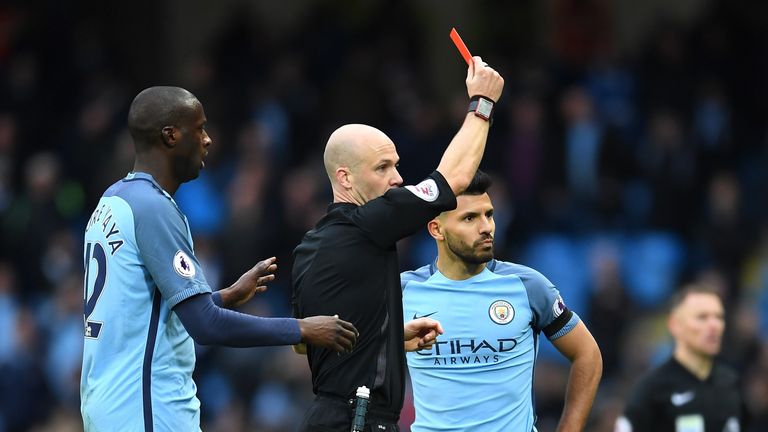 Sergio Aguero is dismissed by Anthony Taylor