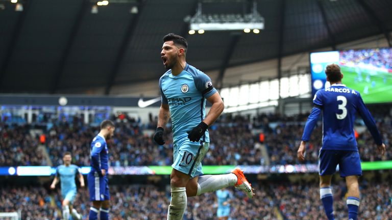 MANCHESTER, ENGLAND - DECEMBER 03:  Sergio Aguero of Manchester City celebrates his team's first goal scored by Gary Cahill of Chelsea during the Premier L