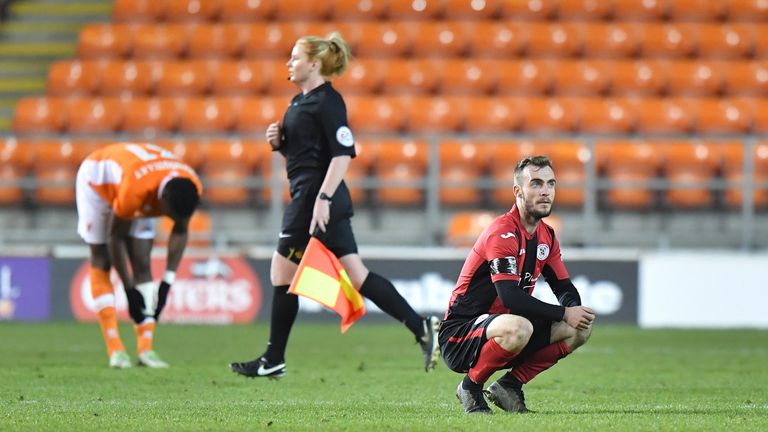 Brackley Town's Shane Byrne is dejected after the Emirates FA Cup, Second Round match at Bloomfield Road, Blackpool.