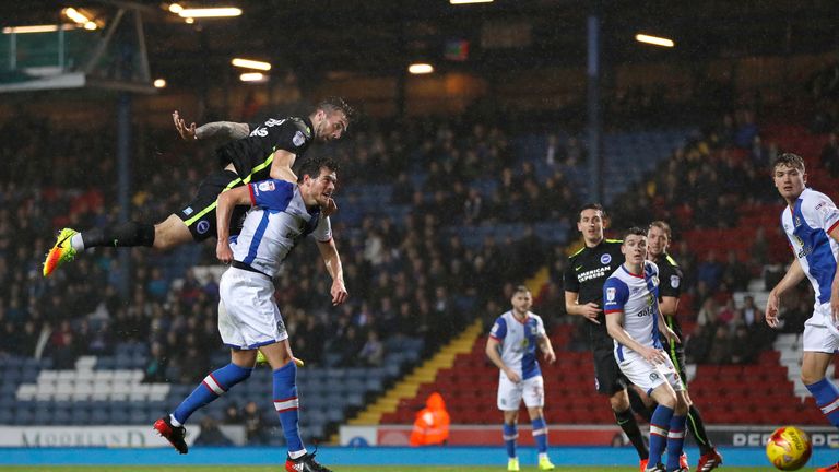 Brighton and Hove Albion's Shane Duffy scores his teams first goal against Blackburn Rovers, during the Sky Bet Championship match at Ewood Park, Blackburn