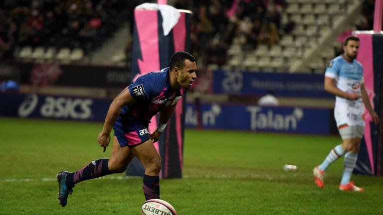 Stade Francais Paris' Australian scrum-half Will Genia reacts after scoring a try during the French Top 14 rugby union match between Stade Français and Ba