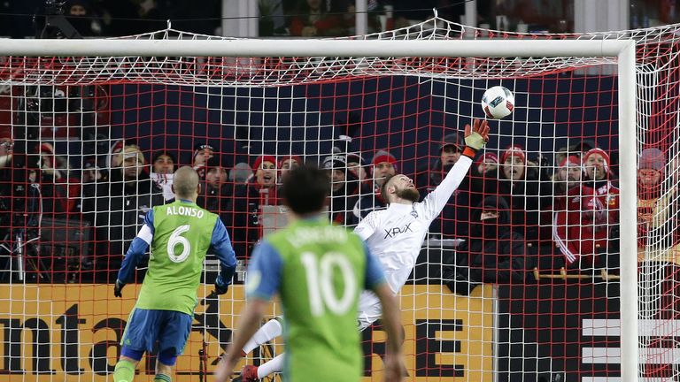 Seattle Sounders goalkeeper Stefan Frei (24) makes a save in overtime during MLS Cup final against Toronto FC at BMO Field on December 10, 2016 in Toronto.