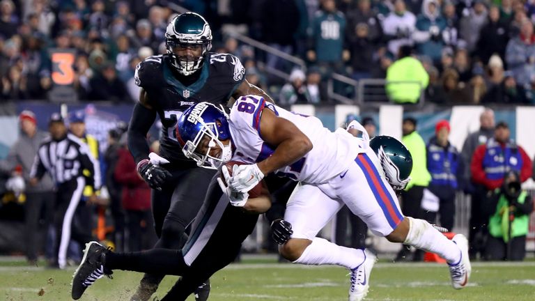 PHILADELPHIA, PA - DECEMBER 22:  Wide receiver Sterling Shepard #87 of the New York Giants scores a 13 yard touchdown against the Philadelphia Eagles durin