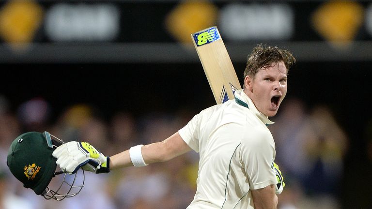 BRISBANE, AUSTRALIA - DECEMBER 15:  Steve Smith of Australia celebrates scoring a century during day one of the First Test match between Australia and Paki