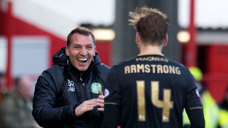 Stuart Armstrong (14) celebrates his rocket at Accies  with Brendan Rodgers 