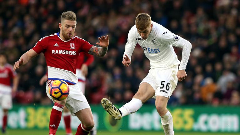 Jay Fulton (R) passes the ball during the match between Middlesbrough and Swansea 