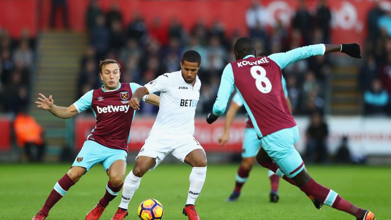 SWANSEA, WALES - DECEMBER 26: Wayne Routledge of Swansea City is challenged by Mark Noble of West Ham United during the Premier League match between Swanse