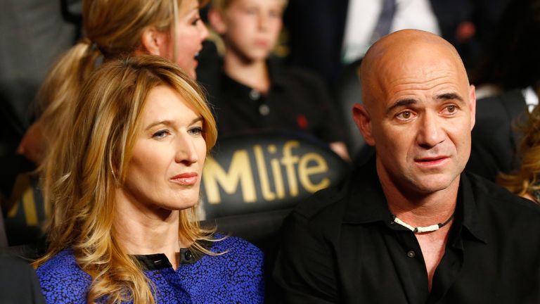 Andre Agassi and wife Steffi Graf watches the Leo Santa Cruz against Jose Cayetano featherweight bout