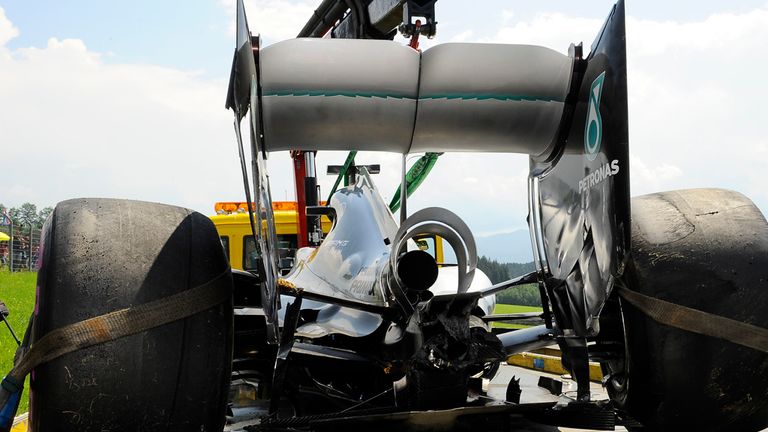 The crashed Mercedes car of Nico Rosberg at the Austrian GP - Picture from Sutton Images