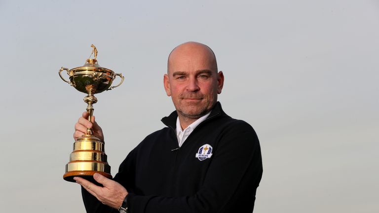 Thomas Bjorn pictured with the trophy during the European Ryder Cup Captain Announcement  at Wentworth 