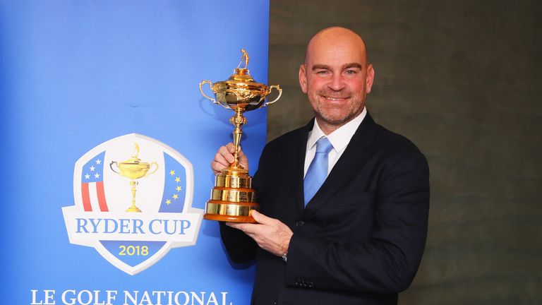 LONDON, UNITED KINGDOM - DECEMBER 07:  Thomas Bjorn poses with the Ryder Cup trophy as he is named 2018 Europe Ryder Cup Captain at Hilton Heathrow T5 on D