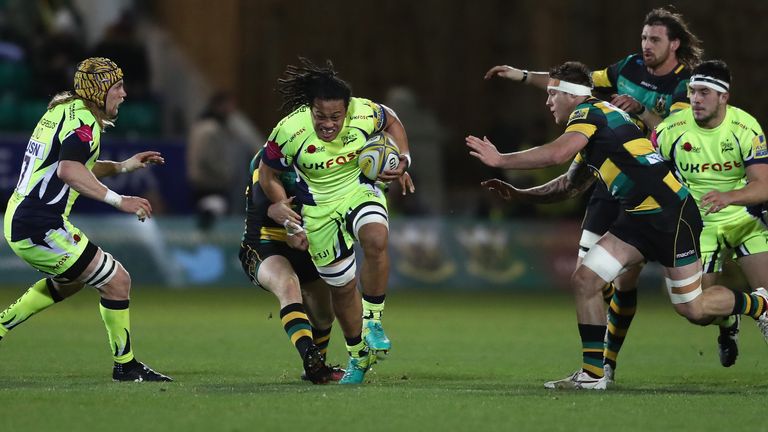 TJ Ioane charges upfield against the Saints defence