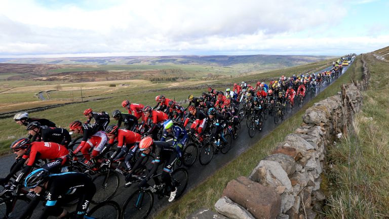 The peloton after the Cote de Greenhow Hill during stage one of the Tour de Yorkshire.