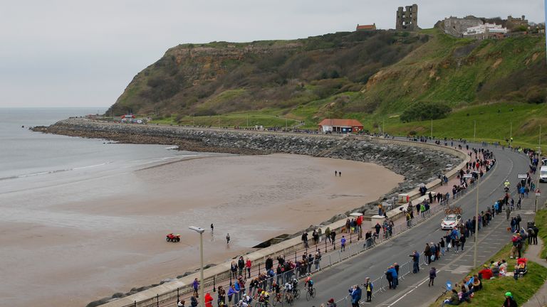 The peloton of riders on the Marine Drive in Scarborough during stage three of the Tour de Yorkshire.