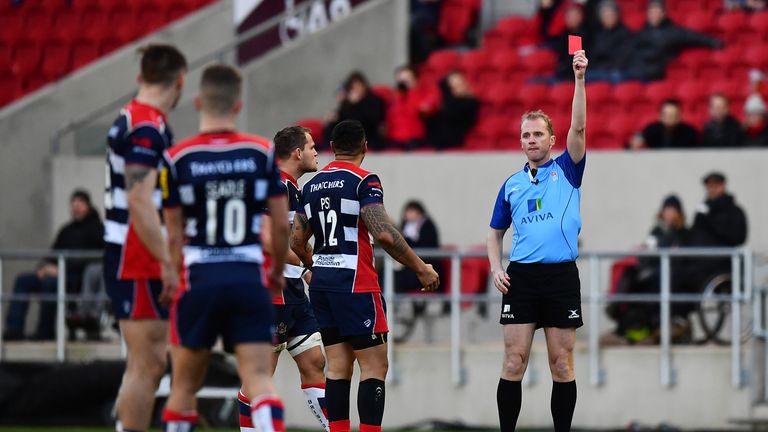 Tusi Pisi of Bristol Rugby is shown a red card by Referee, Wayne Barnes for tackling Jamie Shillcock of Worcester Warriors