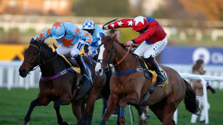 Ruby Walsh riding Un De Sceaux (left) beats Sire De Grugy to win the Tingle Creek at Sandown