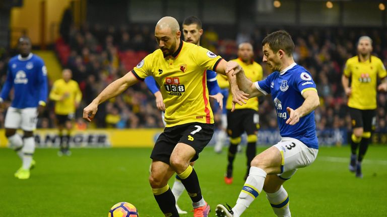 WATFORD, ENGLAND - DECEMBER 10:  Nordin Amrabat of Watford holds off Leighton Baines of Everton during the Premier League match between Watford and Everton