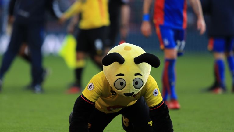 Watford mascot Harry the Hornet mocks Crystal Palace's Wilfred Zaha by taking a dive 
