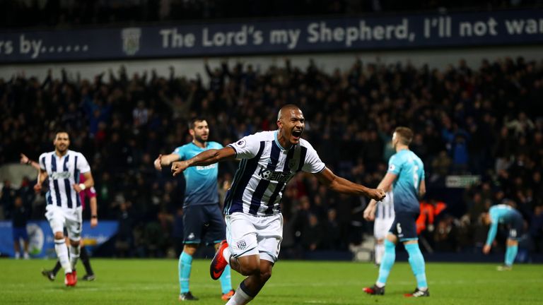 Salomon Rondon celebrates after completing his hat-trick for West Brom