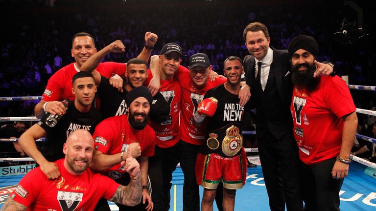 Kal Yafai celebrates with his team after a dominant win