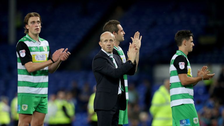 Yeovil Town's manager Darren Way (centre) acknowledges the fans 