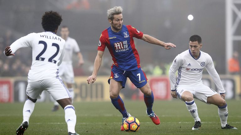 Crystal Palace's French midfielder Yohan Cabaye (C) vies with Chelsea's Brazilian midfielder Willian (L) and Chelsea's Belgian midfielder Eden Hazard