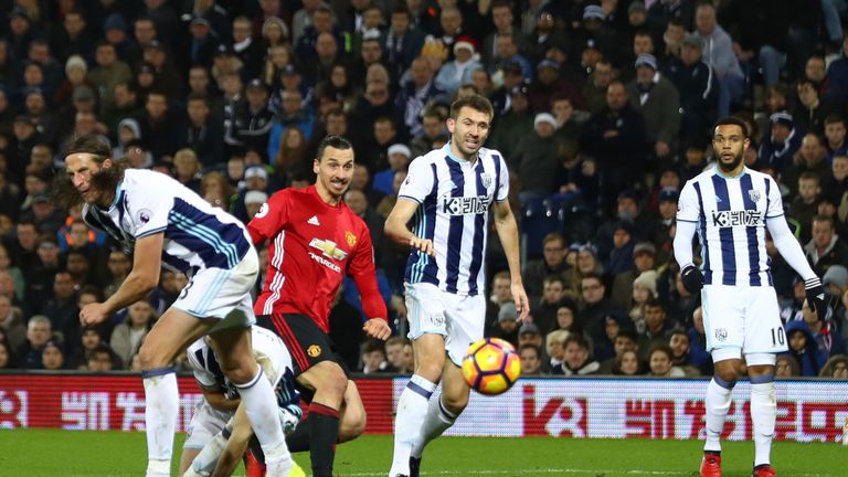 WEST BROMWICH, ENGLAND - DECEMBER 17:  Zlatan Ibrahimovic of Manchester United (C) scores his sides second goal during the Premier League match between Wes