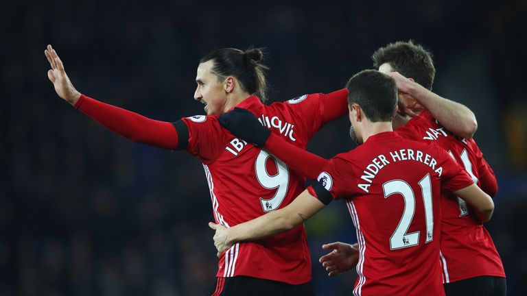 Zlatan Ibrahimovic of Manchester United (9) celebrates with team mates as he scores their first goal against Everton