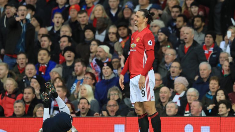 Zlatan Ibrahimovic of Manchester United reacts following a challenge on Kyle Walker
