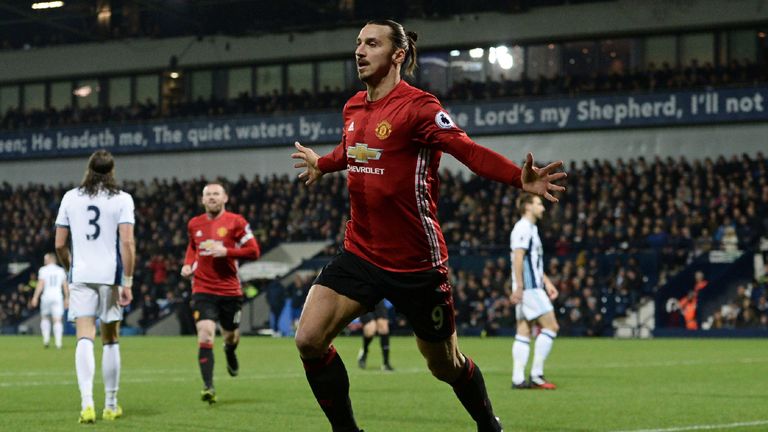 Manchester United's Swedish striker Zlatan Ibrahimovic celebrates after scoring the opening goal of the English Premier League football match between West 