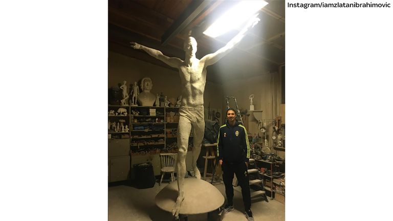 Zlatan Ibrahimovic posted this image of him standing next to his statue to his Instagram account