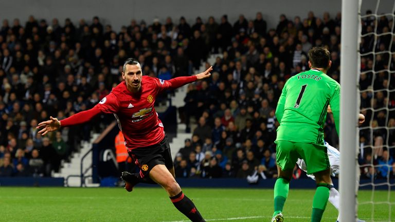 WEST BROMWICH, ENGLAND - DECEMBER 17:  Zlatan Ibrahimovic of Manchester United celebrates scoring his sides first goal during the Premier League match