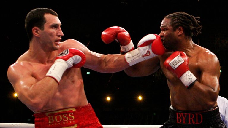 MANNHEIM, GERMANY - APRIL 22:  Wladimir Klitschko (L) of Ukraine hits Chris Byrd of the USA during their IBF and vacant IBO World Heavyweight Championship 