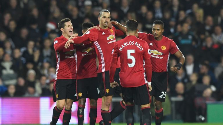 Zlatan Ibrahimovic of Manchester United (C) celebrates scoring his side's second goal v West Brom, Premier League